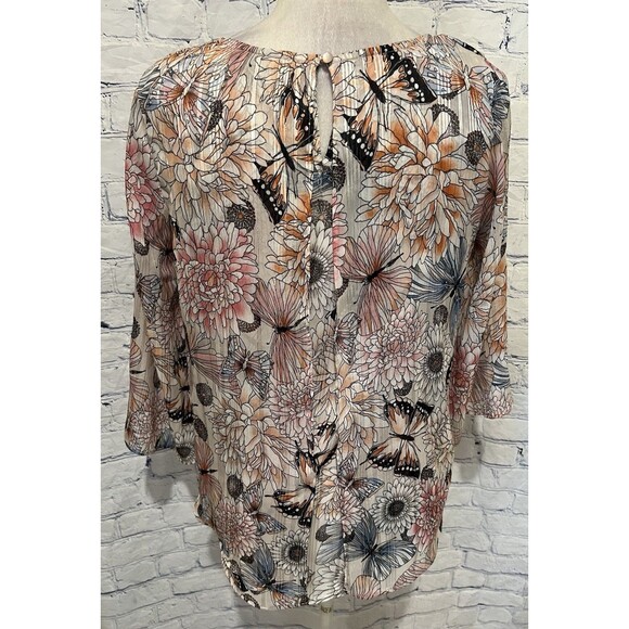 Roz & Ali Butterfly and Floral Semi Sheer Blouse Silver Metallic Threads Size S - Picture 4 of 7